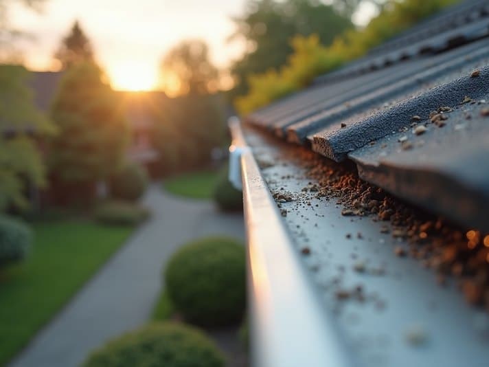 Leaves collected in a gutter along a residential roof edge